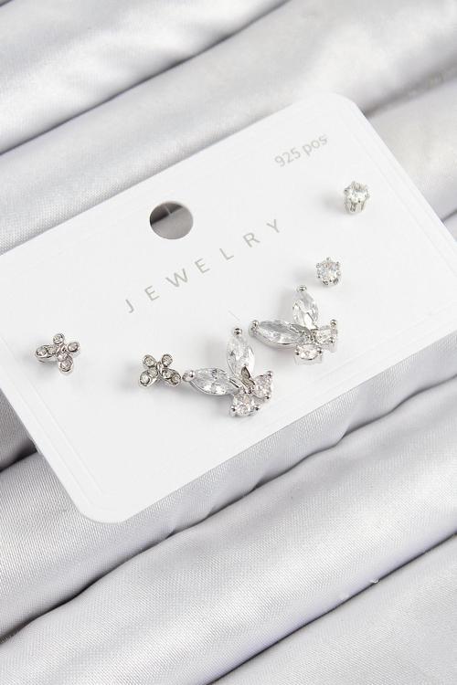 Pirinç Zirkon Taşlı Kelebek Model Gümüş Renk 925 Ayar Gümüş Çivi Kadın Küpe Set