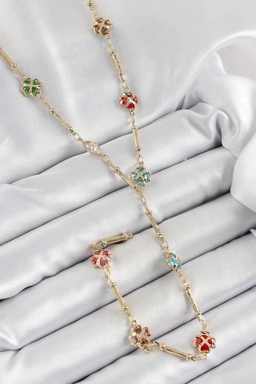 Pirinç Asorti Kalpli Yonca Model Gold Renk Zirkon Taşlı Y Kolye