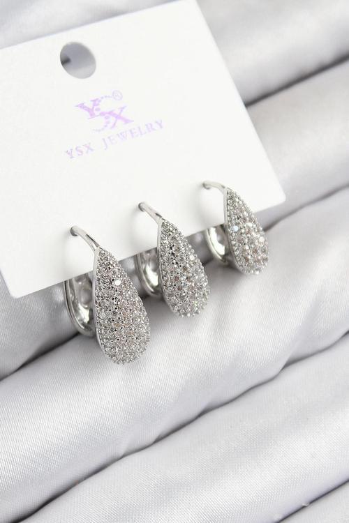 Pirinç Zirkon Taşlı 3'lü Damla Model Gümüş Renk Kadın Küpe