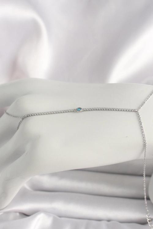 Pirinç Gümüş Renk Su Yolu Zirkon Taşlı Mavi Taş Detaylı Kadın Şahmeran