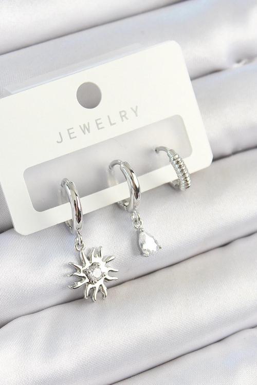 Pirinç Zirkon Taşlı Güneş Model Gümüş Renk 3'lü Çift Kadın Küpe Set