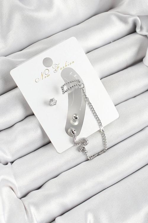 Pirinç Yılan Figürlü Zirkon Taşlı Gümüş Renk 3'lü Kıkırdak Kadın Küpe Set