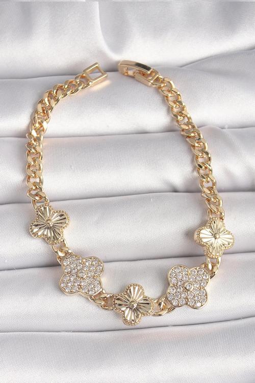 Pirinç Gold Renk Zirkon Taşlı Yonca Model Kadın Bileklik