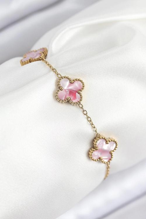 316L Çelik Sedefli Pembe Gold Renk Yonca Kadın Bileklik
