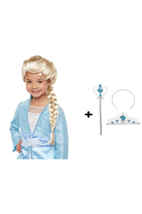 Örgülü Karlar Ülkesi Frozen Elsa Peruğu Tacı Ve Sopası Çocuk Boy