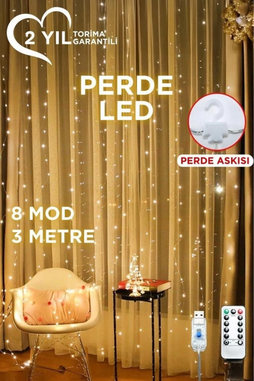 Lw-7 300 Ledli 10 Sarkıt Perde Led Işık, 8 Modlu Uzaktan Kumandalı, 3X3 Metre Peri Telli Led