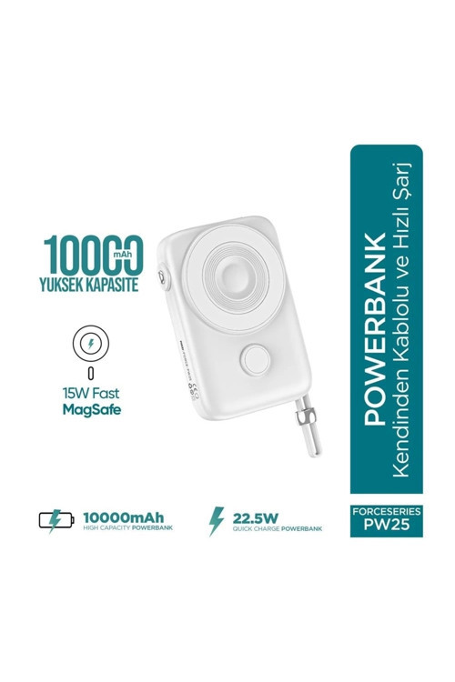 Force Pw25 10000Mah 22.5W Kendinden Kablolu Magsafe Powerbank - Kablosuz Mini Şarj Cihazı - Dijital