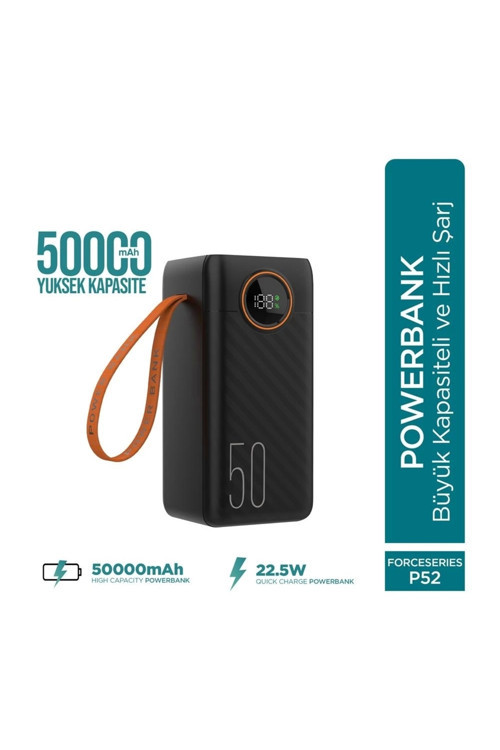 Force P52 50000Mah 22.5W Hızlı Şarj Cihazı - Dahili Kablolu - Fast Powerbank - Dijital Ekran - Taş