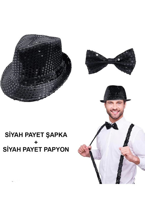 Siyah Payetli Şapka Ve Papyon Seti – Parıltılı Yetişkin Kostüm Seti