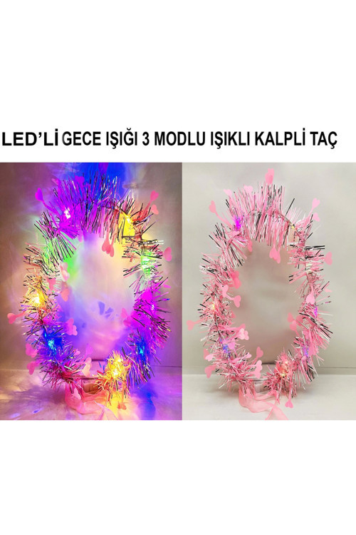 Kalp Püsküllü Gece Parıltısı 3 Modlu Led39Li Işıklı Taç Pembe Renk