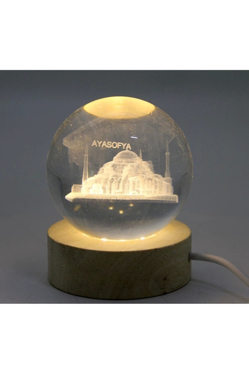 3D Kristal Cam Küre Ahşap Soketli İstanbul Temalı Led Lamba Alk2573