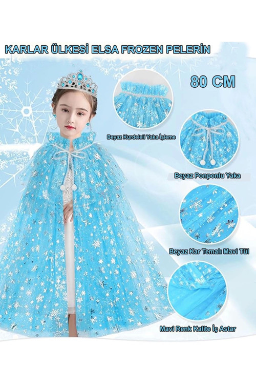 Karlar Ülkesi Elsa Frozen Mavi Pelerin – 80 Cm Kar Desenli Çocuk Pelerini ( Taç Hariç )