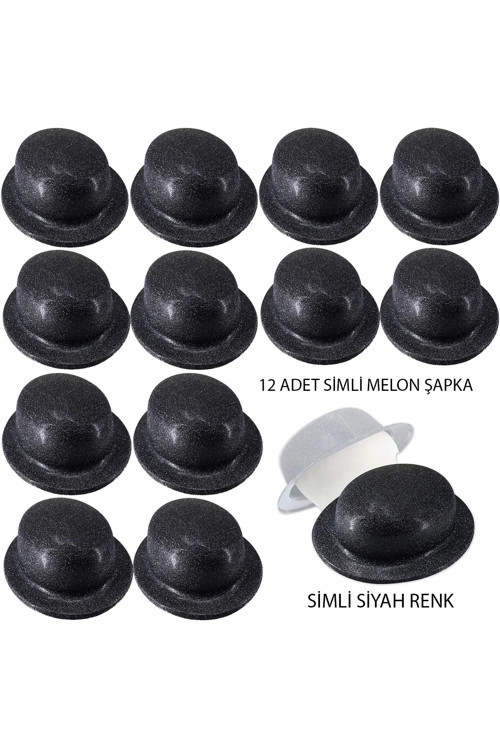 Siyah Renk Simli Melon Yulak Parti Şapkası 12 Adet