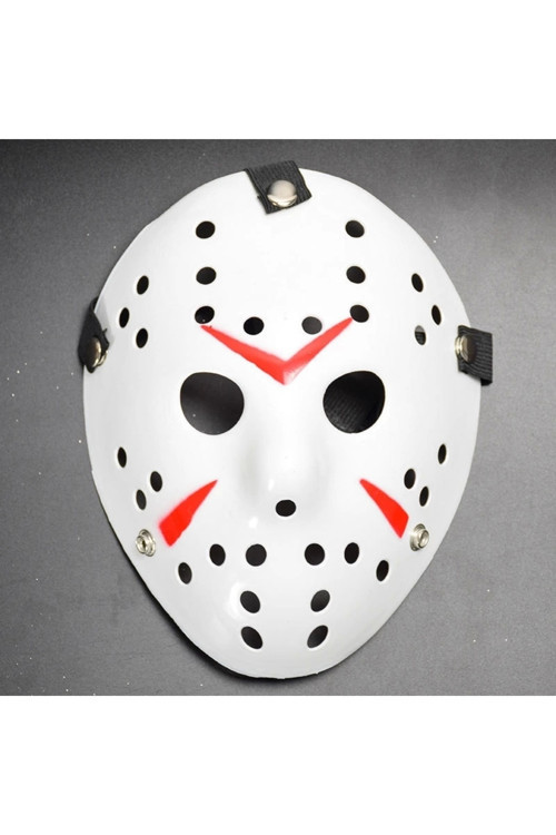 Beyaz Renk Kırmızı Çizgili Tam Yüz Hokey Jason Maskesi Hannibal Maskesi