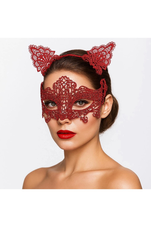 Romantik Kırmızı Dantel Maske Seti – Kedi Kulaklı Taç Ve Maske 3 No
