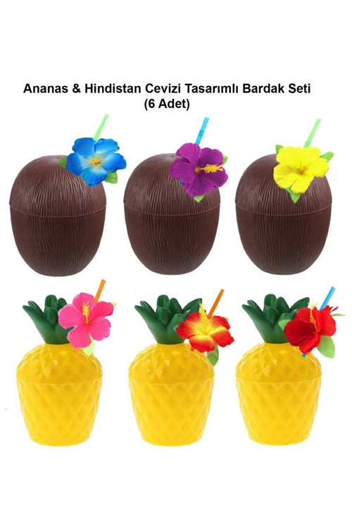 Ananas Hindistan Cevizi Tasarımlı Pipetli Bardak Seti (6 Adet)