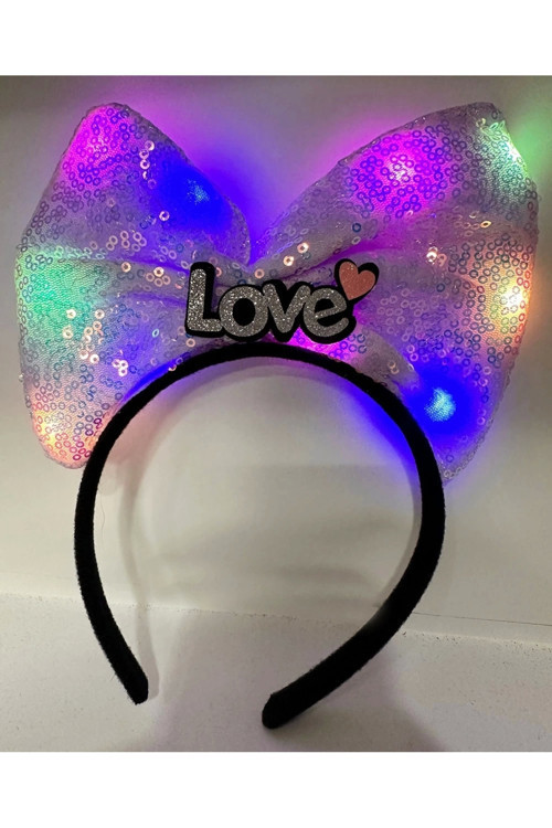 Led Işıklı 3 Farklı Fonksiyonda Yanan Gümüş Love Yazılı Lila Fiyonk Taç 20X17 Cm