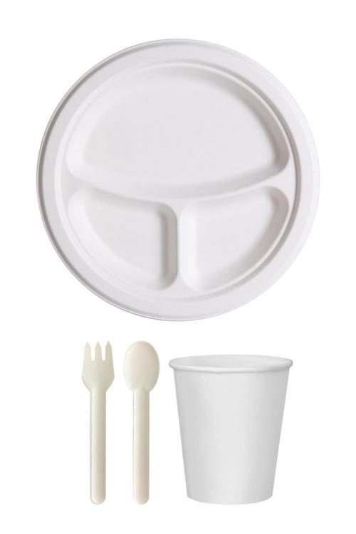 Ekolojik 26 Cm. 3 Bölmeli 24 Kişilik Parti Piknik Sofra Sunum Seti -Tabak Bardak Çatal Kaşık Takımı