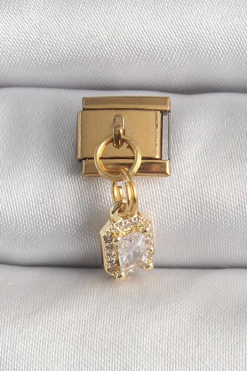 316L Çelik Gold Renk Sallantı Zirkon Taşlı Kare Model Nomination Charm