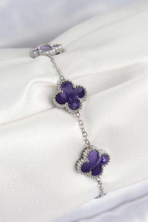 316L Çelik Sedefli Mor Gümüş Renk Yonca Kadın Bileklik