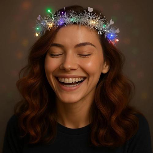 Kalp Püsküllü Gece Parıltısı 3 Modlu Led39li Işıklı Taç Gümüş Renk