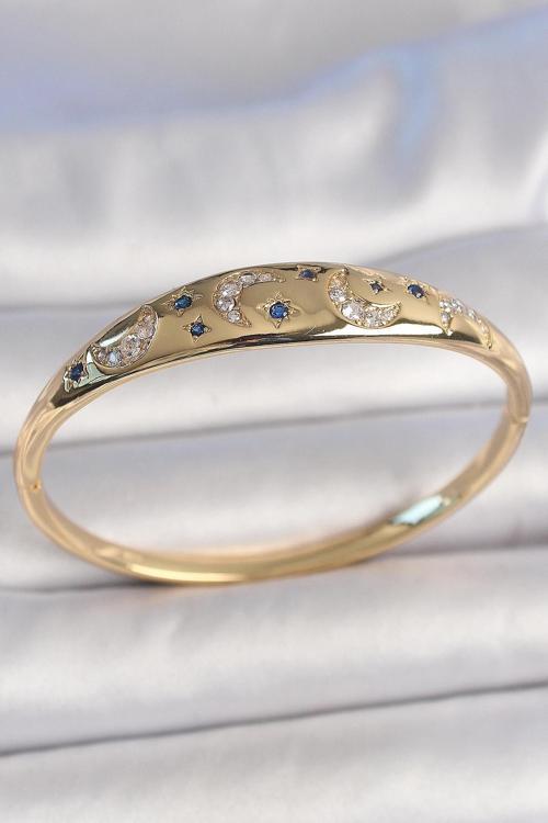 Pirinç Gold Renk Zirkon Taşlı Hilal İşleme Mavi Taşlı Yıldız Detay Kadın Kelepçe