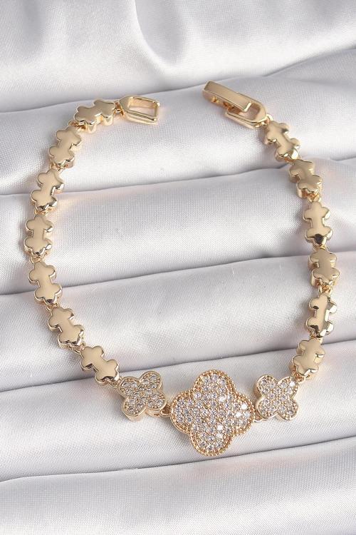 Pirinç Gold Renk Zirkon Taşlı Yonca Model Zincir Kadın Bileklik