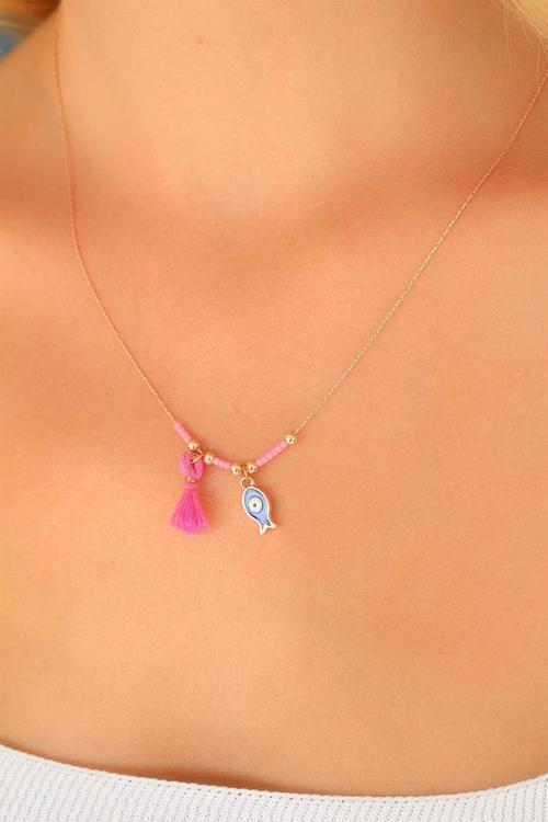 Nazar Boncuklu Pembe Renk Taşlı Rose Bayan Kolye