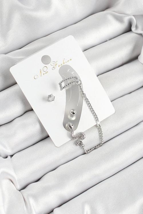 Pirinç Yılan Figürlü Zirkon Taşlı Gümüş Renk 3'lü Kıkırdak Kadın Küpe Set