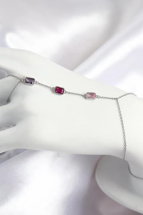 Pirinç Renkli Zirkon Taşlı Dikdörtgen Model Gümüş Renk Kadın Şahmeran