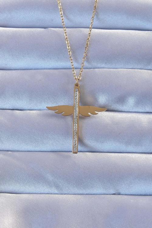 316L Çelik Altın Renk Zirkon Taşlı Mikail Kolye