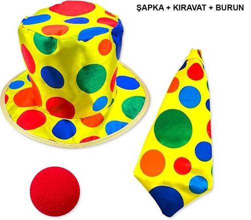 Renkli Palyaço Kostüm Seti – 3 Parça Aksesuar (şapka, Kravat, Burun)