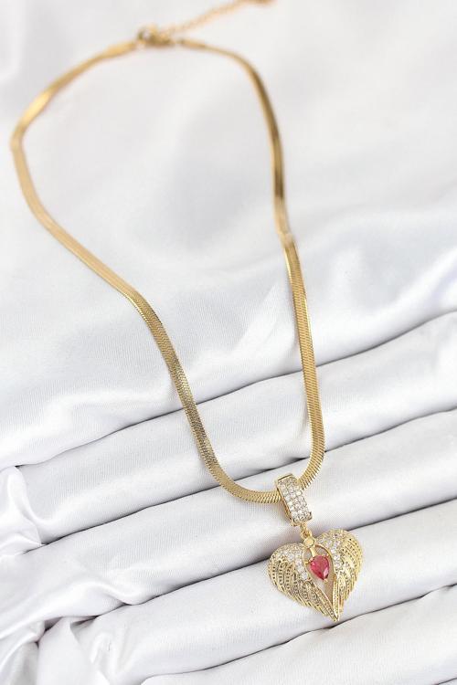 Zarif Kadın için Golden Çelik Zirkonlu Kanatlı Kalp Tarz Kolye