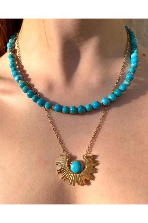 Turqelis 2Li Takım Doğal Turkuaz Taşlı Ve Çelik Kolye