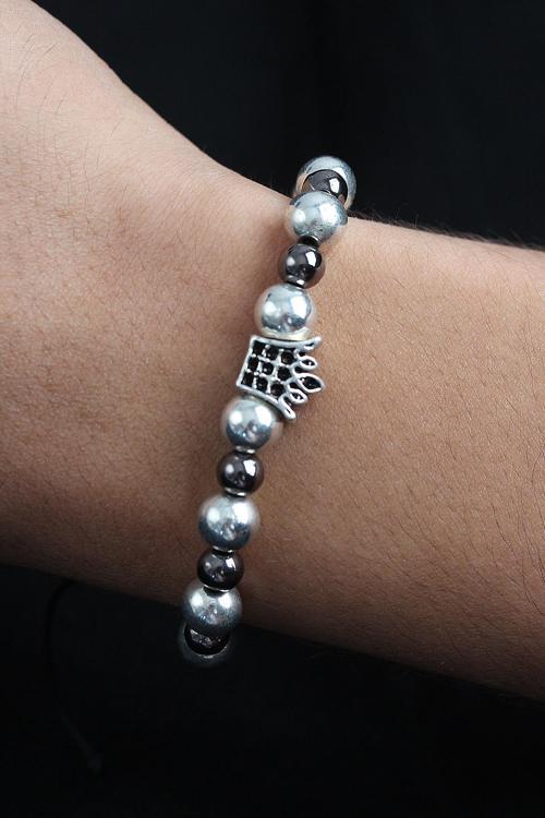 Doğal Taş Kral Tacı Model Gümüş Ve Füme Renk Asansörlü Erkek Bileklik - EBJ250902W37679