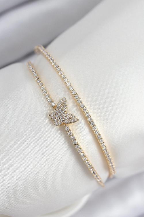 Pirinç Zirkon Taşlı Kelebek Model Gold Renk Kadın Bileklik - EBJ250902W37751