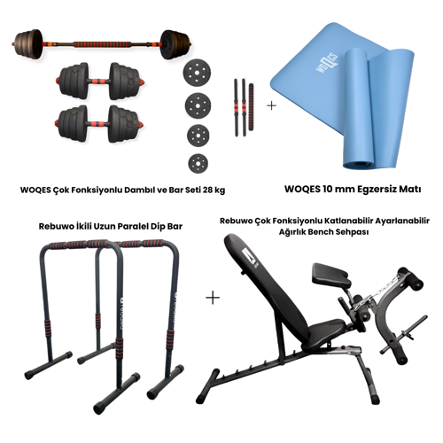 Fitness Seti | Rebuwo Bench Sehpası + 28 kg Dambıl Seti + İkili Paralel Dip Bar + NBR Yoga Matı(Mavi)