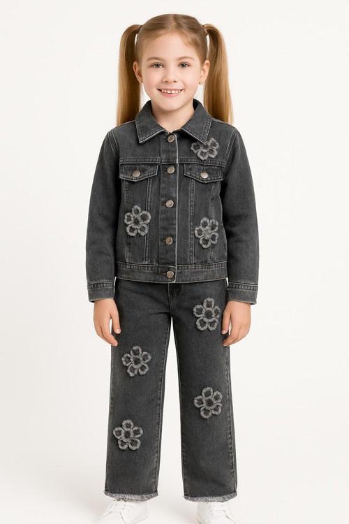 Kız Çocuk Çiçek Desenli Jean Pantolon