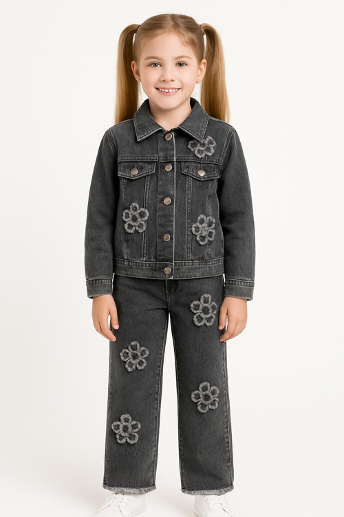 Kız Çocuk Çiçek Desenli Jean Pantolon