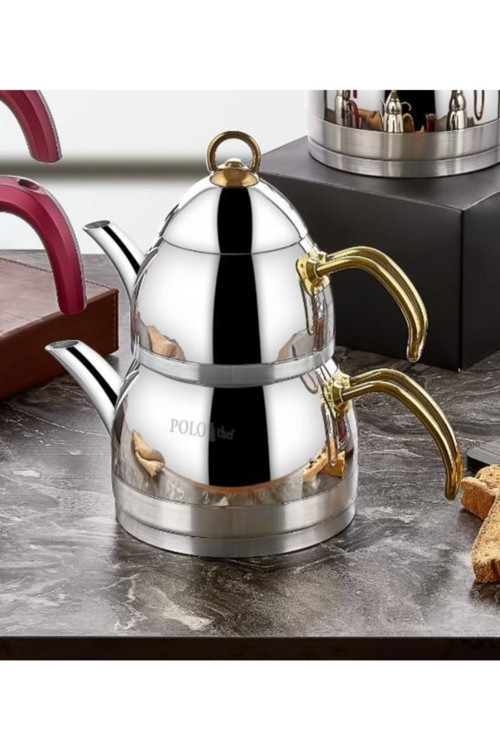 Zümrüt Orta Boy Gold Saplı Çelik Çaydanlık