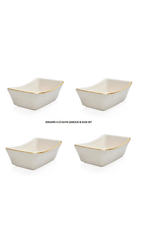 4 Lü Seramik Kayık Çerezlik & Kase Set 11,5 Cm