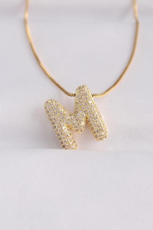 316L Çelik Zincirli Zirkon Taşlı M Harfli Gold Renk Bubble Kolye 8576