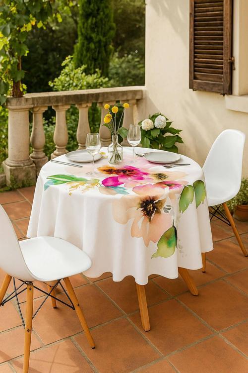 Yuvarlak Pastel Çiçek Desenli Duck Kumaş Masa Örtüsü 150x150 Cm