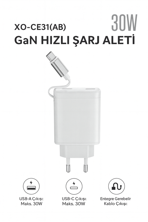 30W GaN Hızlı Şarj Cihazı – USB-A & USB-C Çıkışlı, Entegre Kablolu (Kendinden Kablolu )