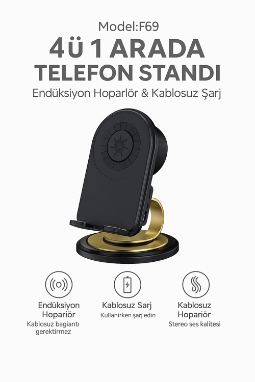 F69 4’ü 1 Arada Telefon – Tablet Standı Kablosuz Şarj  Cihazı & Endüksiyon Hoparlörlü