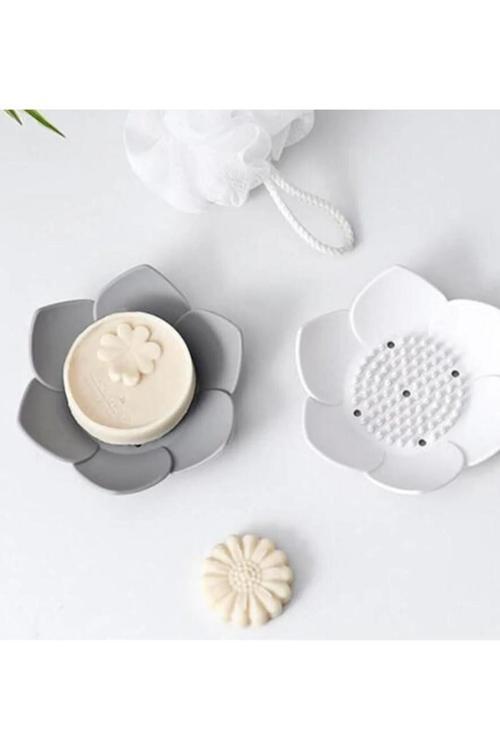 Lotus Desenli Sabunluk Sünger Tutacağı Silikon (Beyaz) Şık Katı Düzenleyici