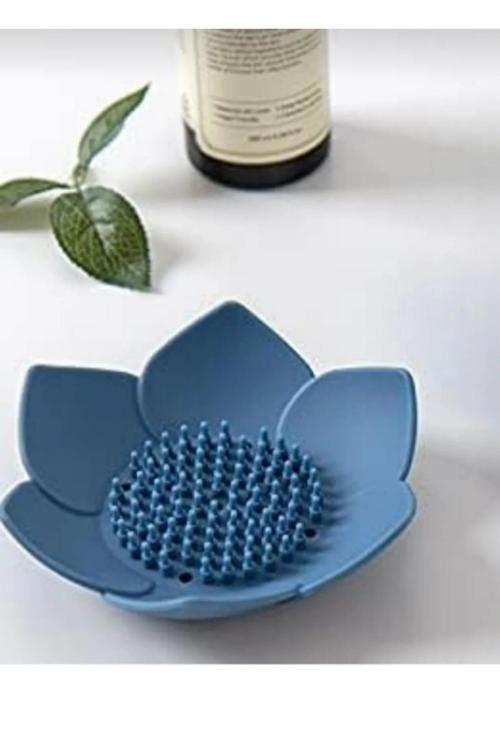 Lotus Desenli Silikonlu Su Giderli Katı Sabunluk Su Tutmayan Sünger Tutacağı Mavi