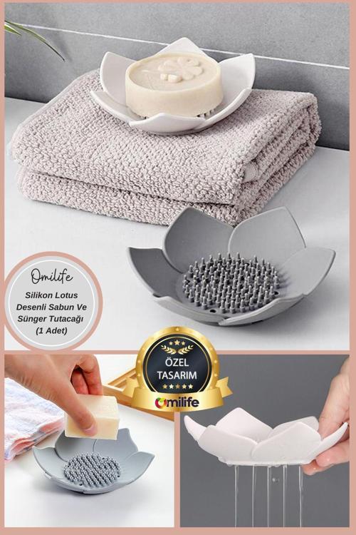 Silikon Lotus Desenli Sabun Ve Sünger Tutacağı Silikon (Gri) Su Giderli Lotus Şekilli Şık Katı Sabu