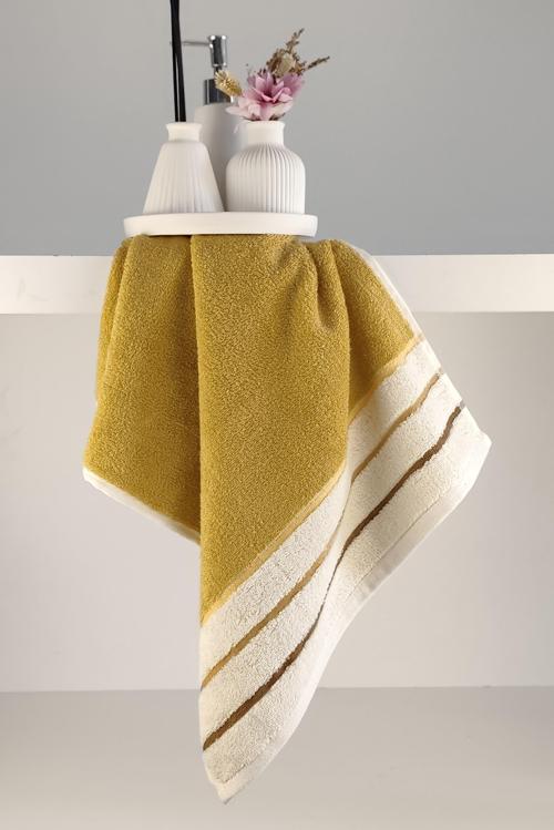 İpliği Boyalı Ucu Çizgili El Yüz Havlusu-Yüksek Su Emici-%100 Pamuk-45x85 Cm-Hardal