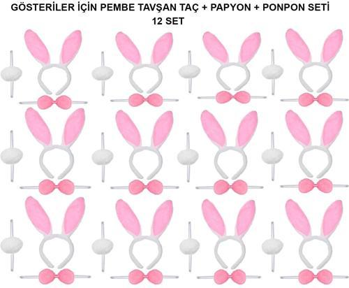 Pembe Tavşan Kostüm Seti – Taç, Papyon, Ponpon (12’li Paket)